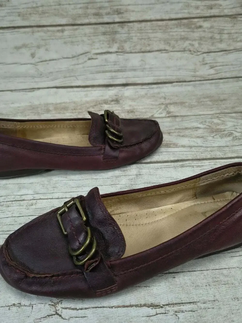 Frye Melanie Buckle Loafers Burgundy Wine Red Leather Slip On Flats Size 9M